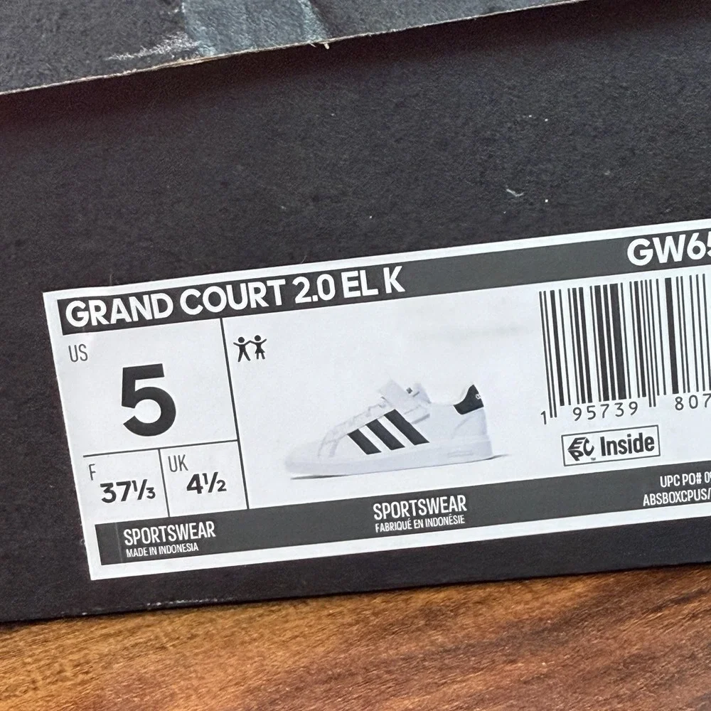 Adidas Grand Court 2.0 EL K White/Black Kid's Sneakers - Size 5 NWB GW6521